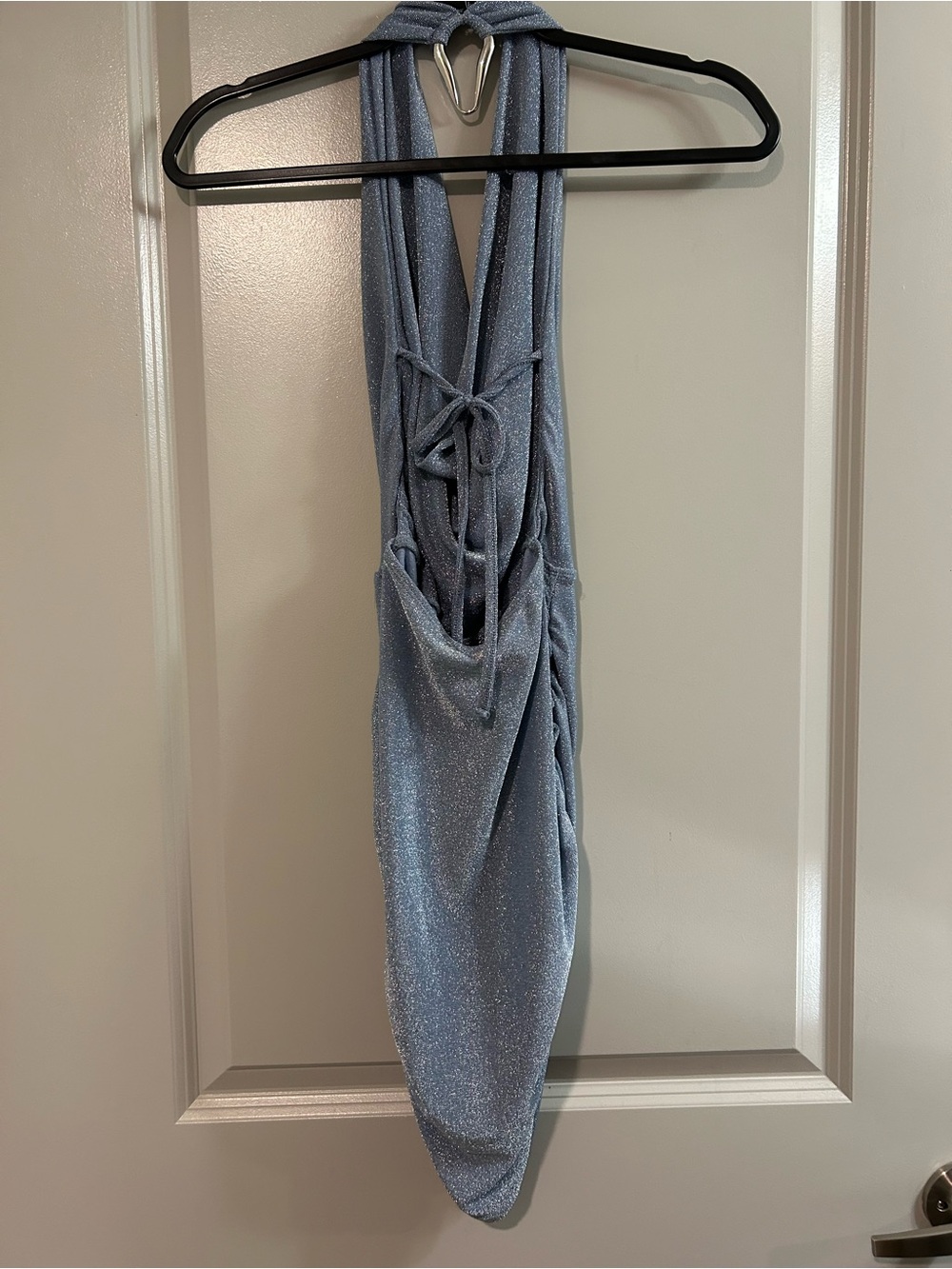 Edikted Shimmery Sky Blue Halter Mini Dress - Picture 4 of 7